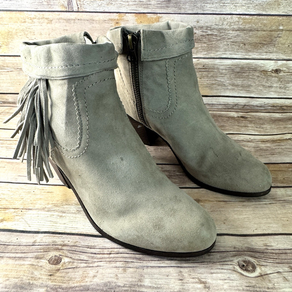 Sam Edelman Womens Sand Taupe Suede Fringed Stacked Heel Louie Ankle Boots 10M - Picture 1 of 8